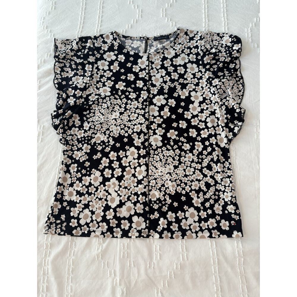 Tommy Hilfiger Navy Tan White Daisy Floral Ruffle Sleeve Cottagecore Top M